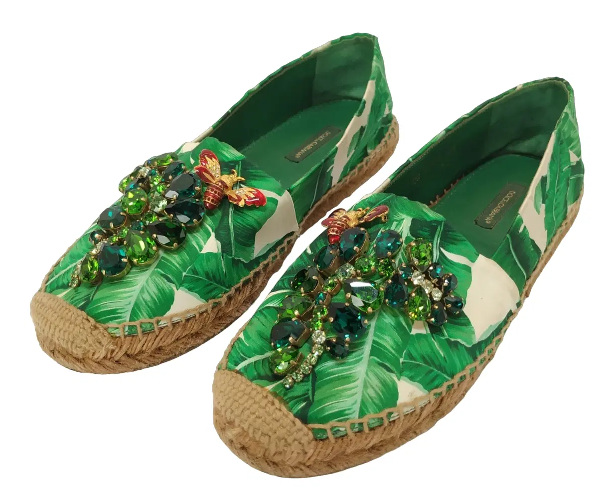 Size 38 - Dolce & Gabbana Leaf Print Crystal Embellishments Espadrilles