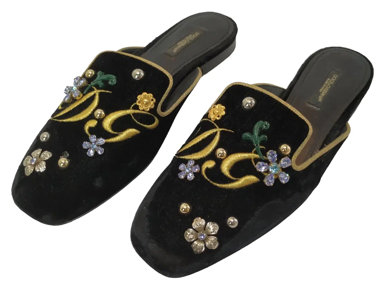 Size 37 - Dolce & Gabbana Black Velvet DG Embroidery Mule