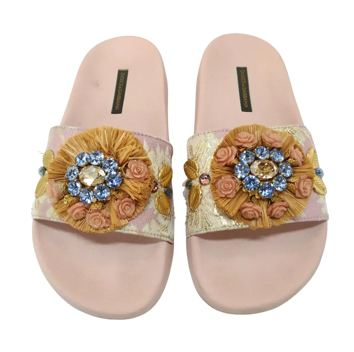 Size 37 - Dolce & Gabbana Pink Jacquard Fabric Embellished Slides
