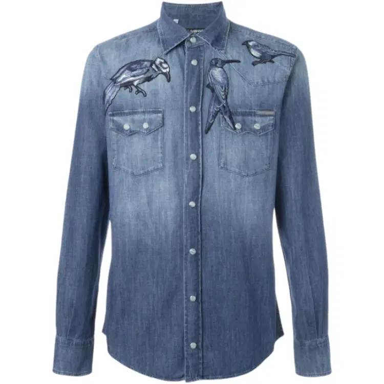 Dolce & Gabbana Men's Gray Bird Embroidered Denim Shirt-Hover-Image