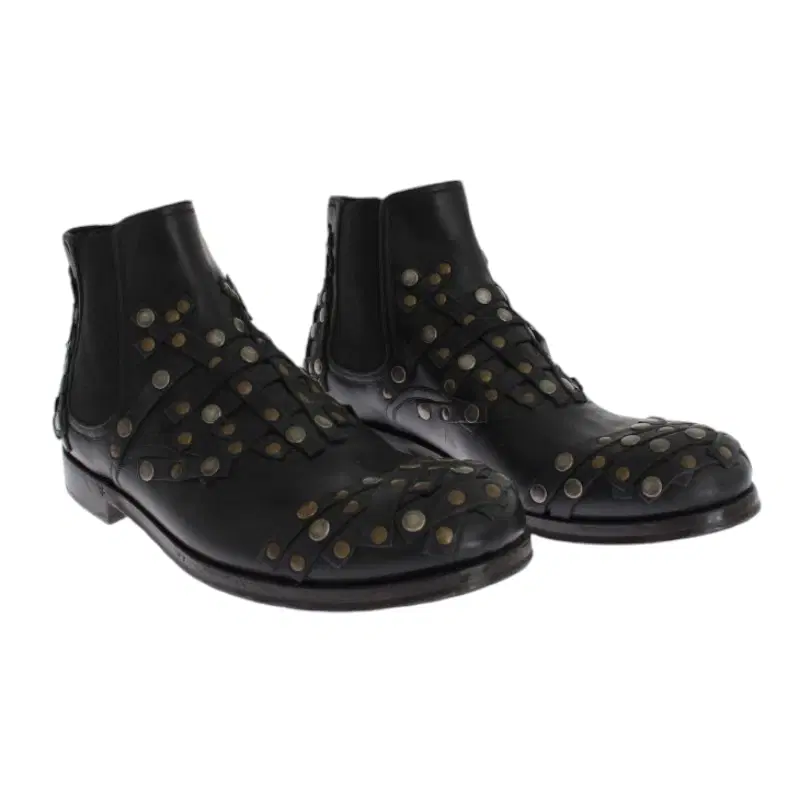Dolce & Gabbana Black Leather Gold Studded Shoes Boots