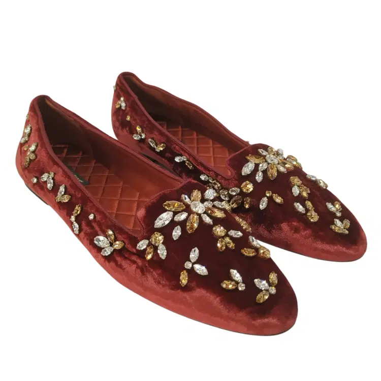 Size 40 - Dolce & Gabbana Burgundy Velvet Crystal Embellished Loafers-Hover-Image