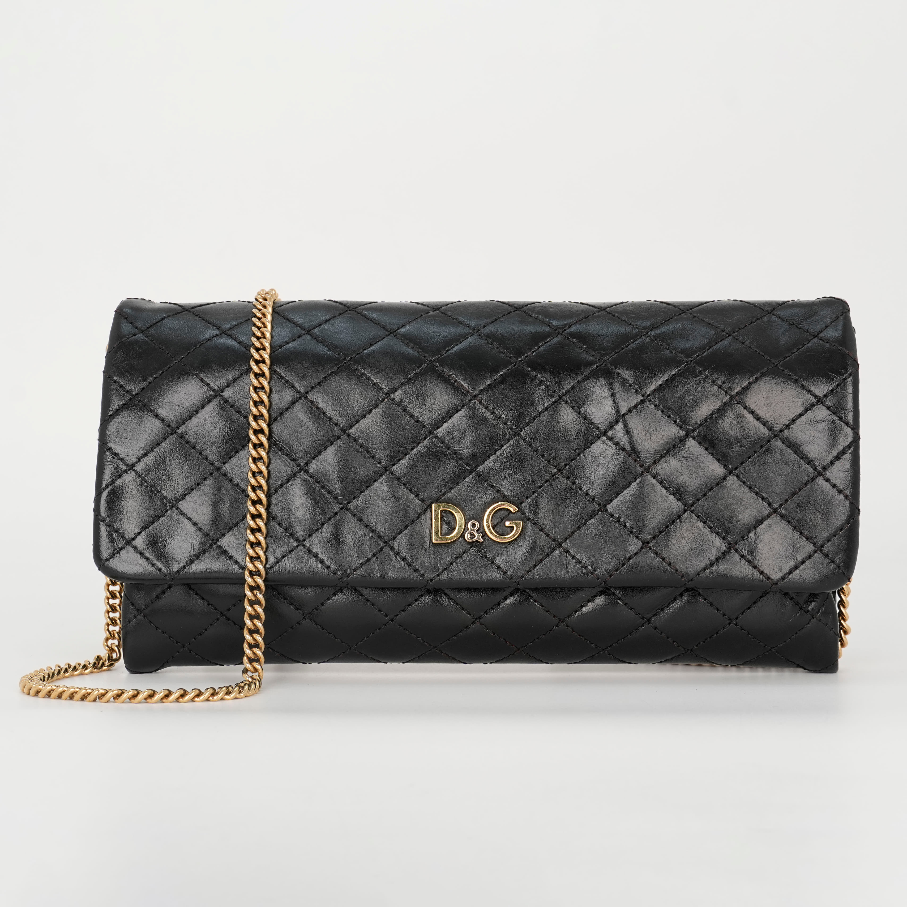 D&G Black Quilted Leather Tri Fold Continental Sling Bag
