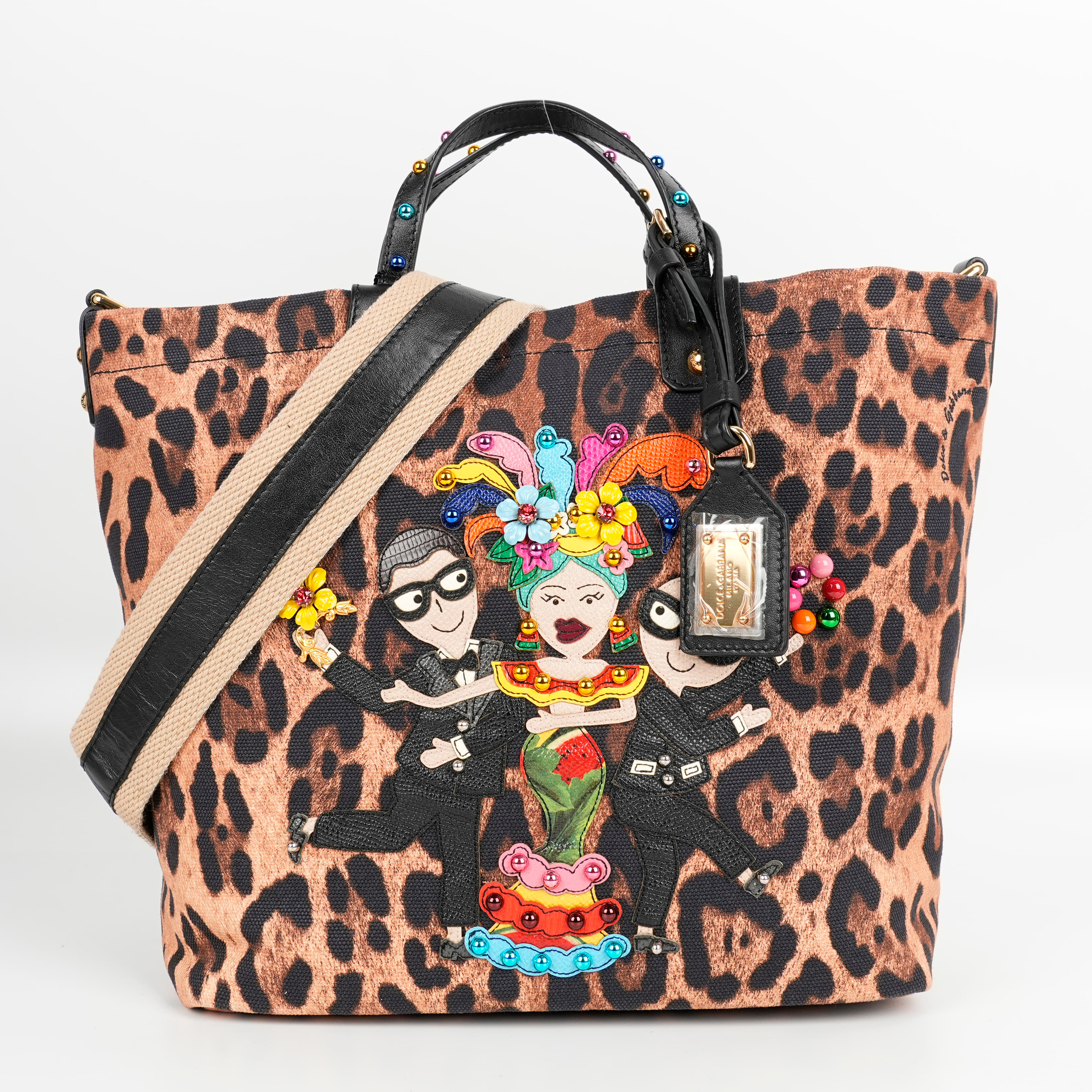 Dolce And Gabbana Brown Leopard Print Synthetic Fabric Designers' Patches Beatrice Shopping Tote