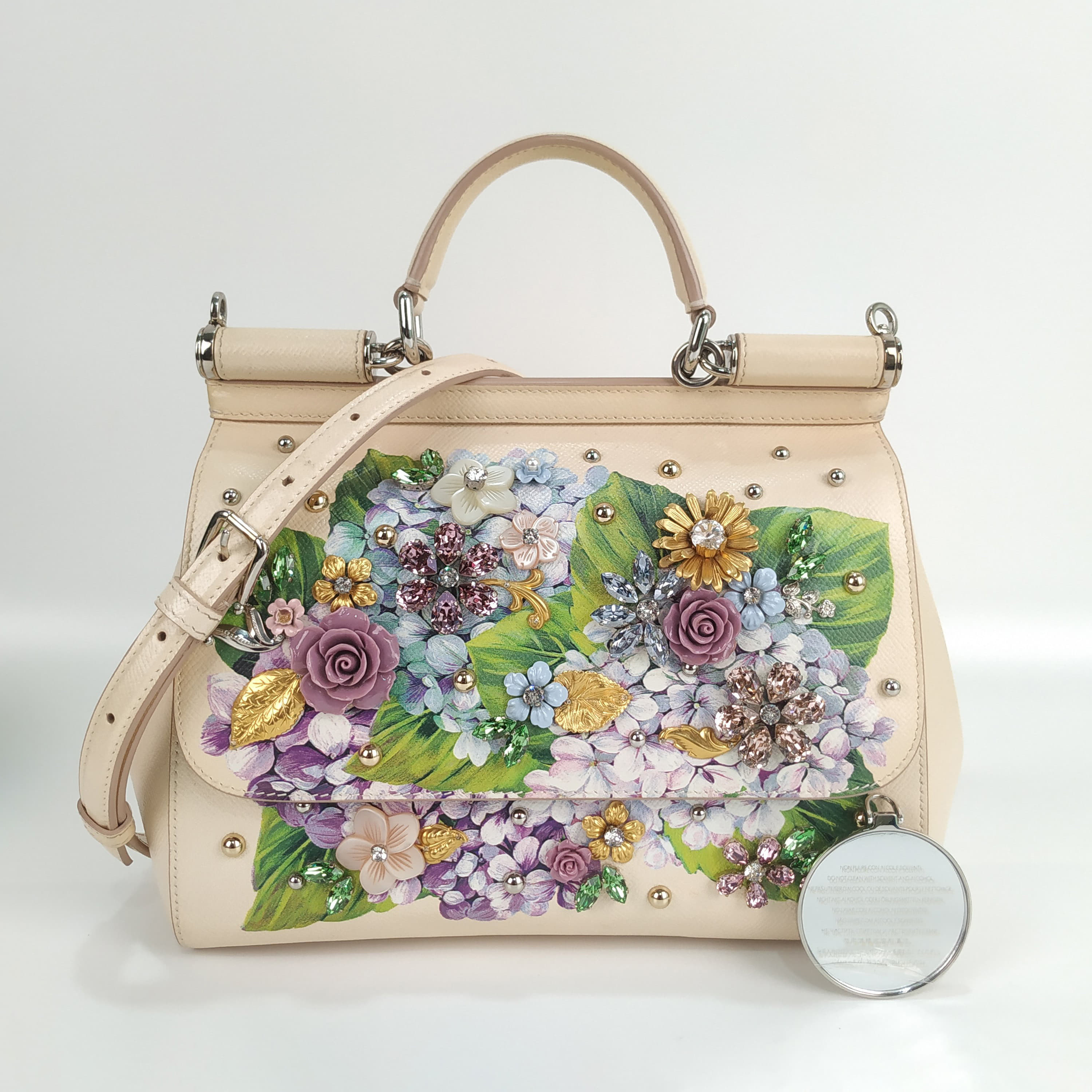 Dolce & Gabbana Cream Leather Medium Hydrangea Crystals Sicily Top Handle Bag