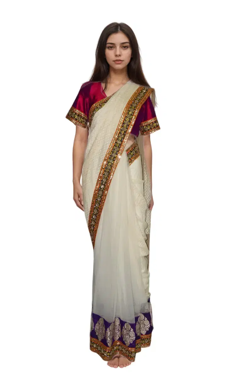 Sabyasachi Beige And Purple Embroidered Saree