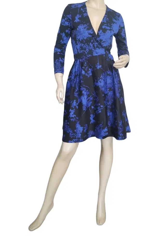 Diane Von Furstenberg Blue Floral Wool Silk Wrap Dress-Hover-Image