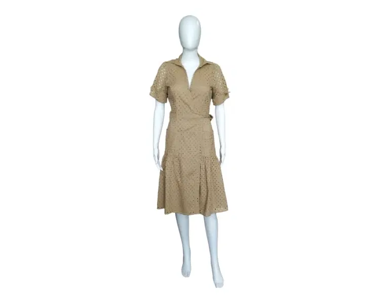 Diane Von Furstenberg Perforated Beige Midi Dress-Hover-Image