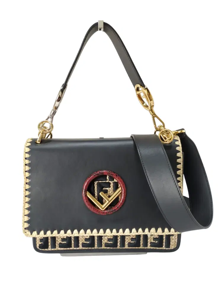Fendi Kan I Exotic Black Leather and Raffia Shoulder Bag-Hover-Image