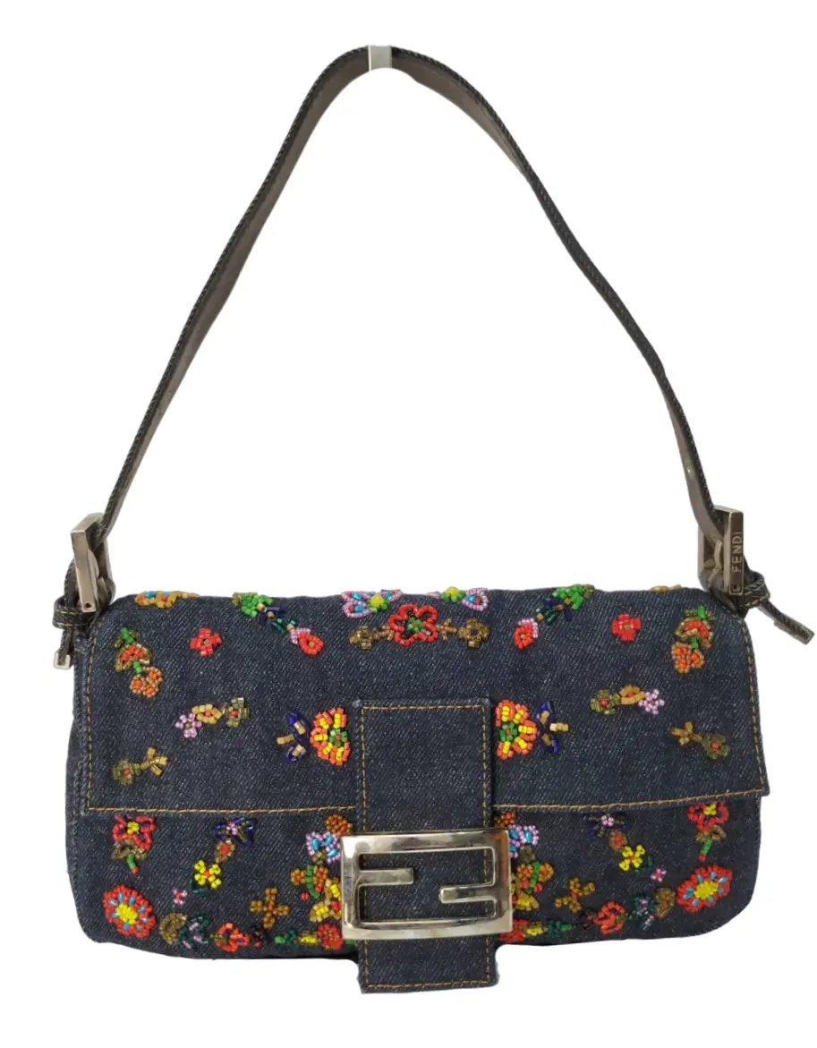 Fendi Denim Floral Embellished Baguette Bag