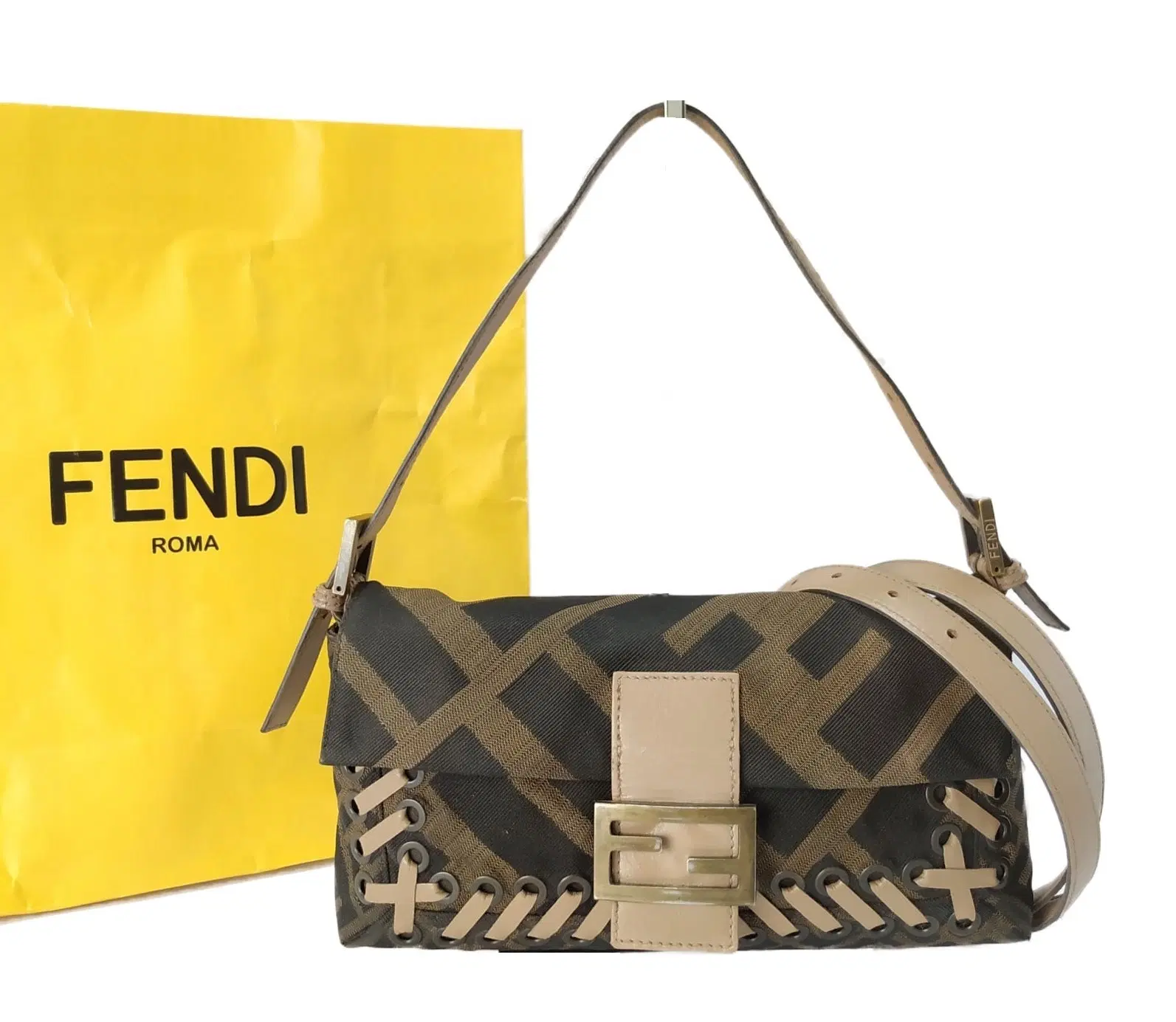 Fendi Brown Zucca Whipstitch Baguette