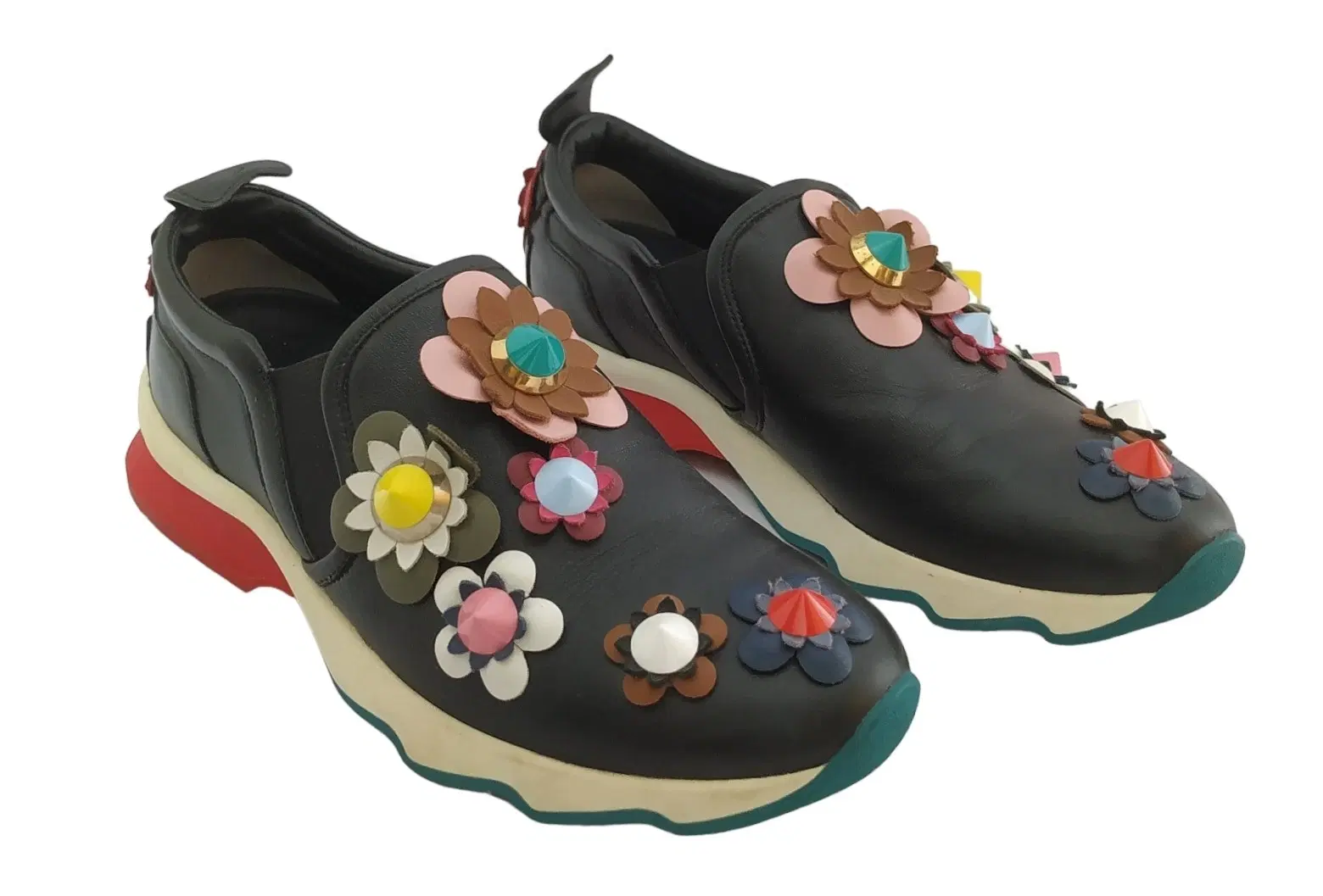 Size 37 - Fendi Black Leather Flowerland Low Top Sneakers