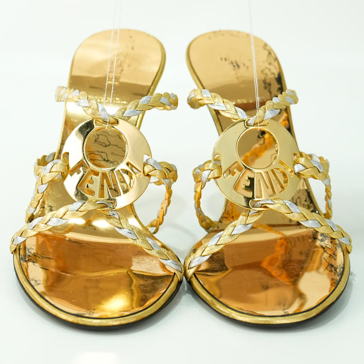 Size 37 - Fendi Gold/Silver Braided Leather Ankle Strap Sandals -Hover-Image