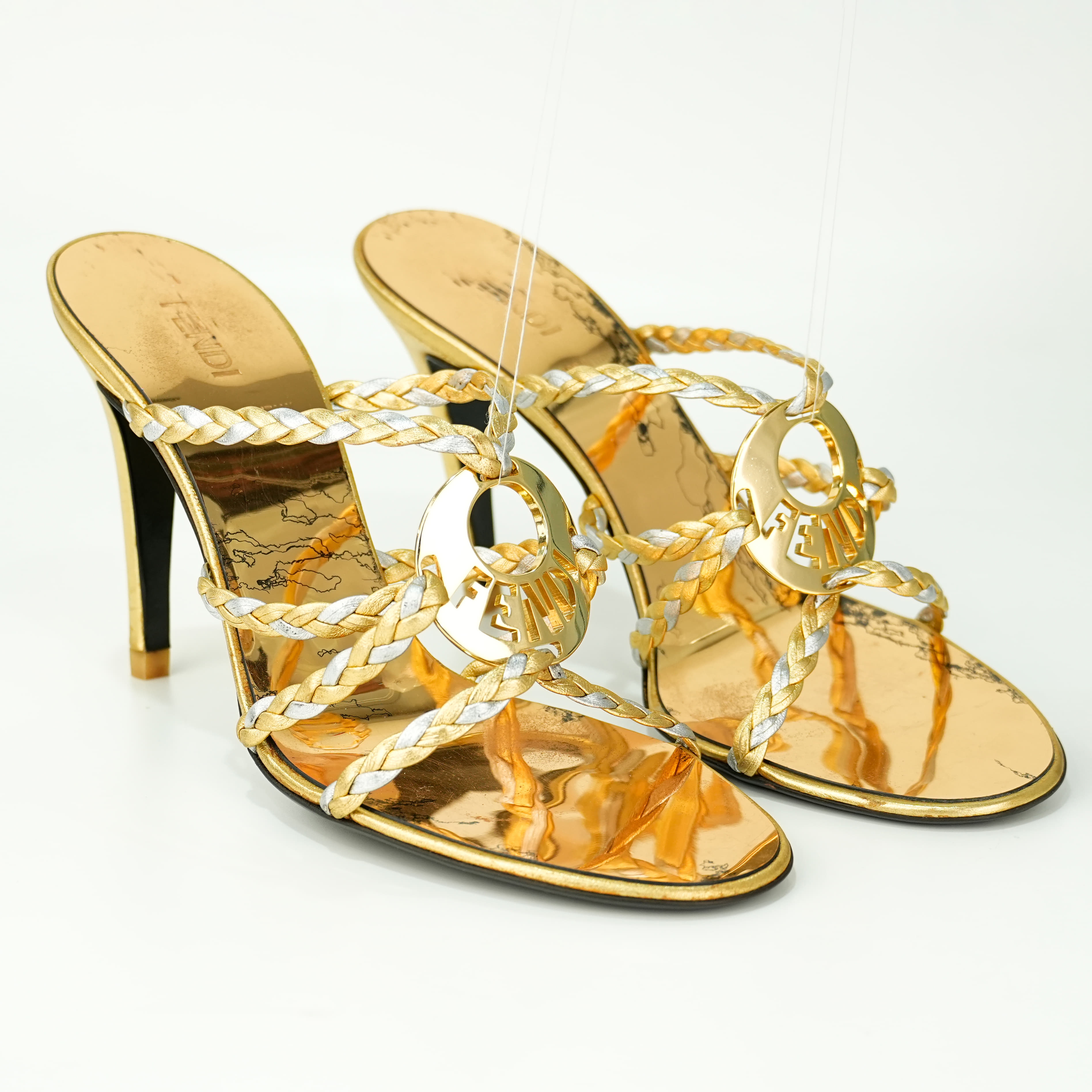 Size 37 - Fendi Gold/Silver Braided Leather Ankle Strap Sandals