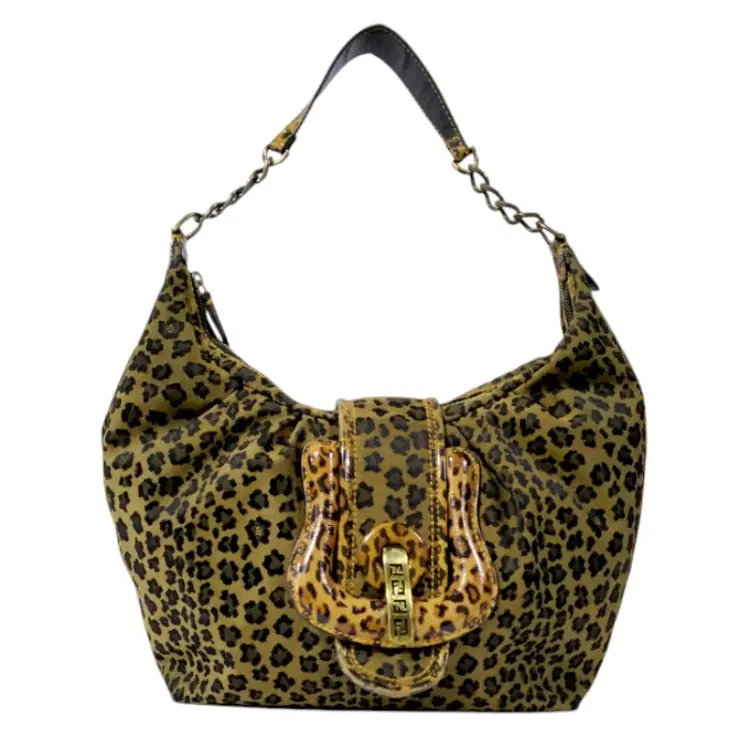 Fendi Leopard Print Canvas B Buckle Hobo Bag-Hover-Image