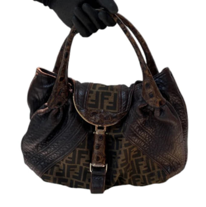 Fendi Tobacco Zucca Canvas And Tortoise Leather Spy Bag