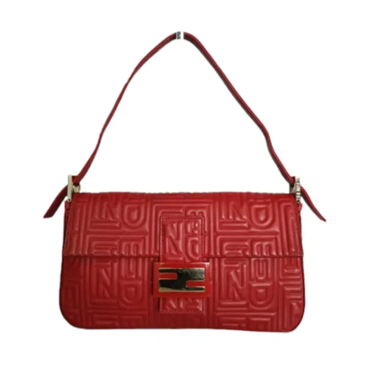 Fendi Red Logo Embossed Nappa Leather Baguette Bag-Hover-Image