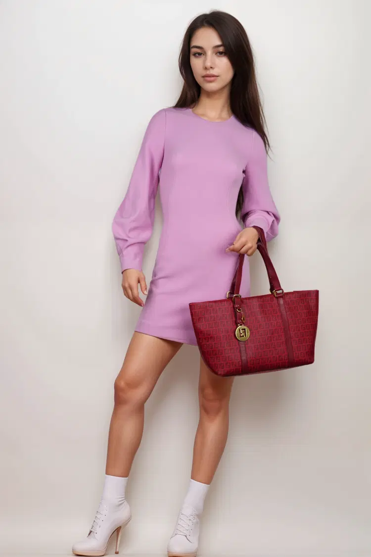 Fendi Red Zucchino Coated Canvas and Leather Tote-Hover-Image