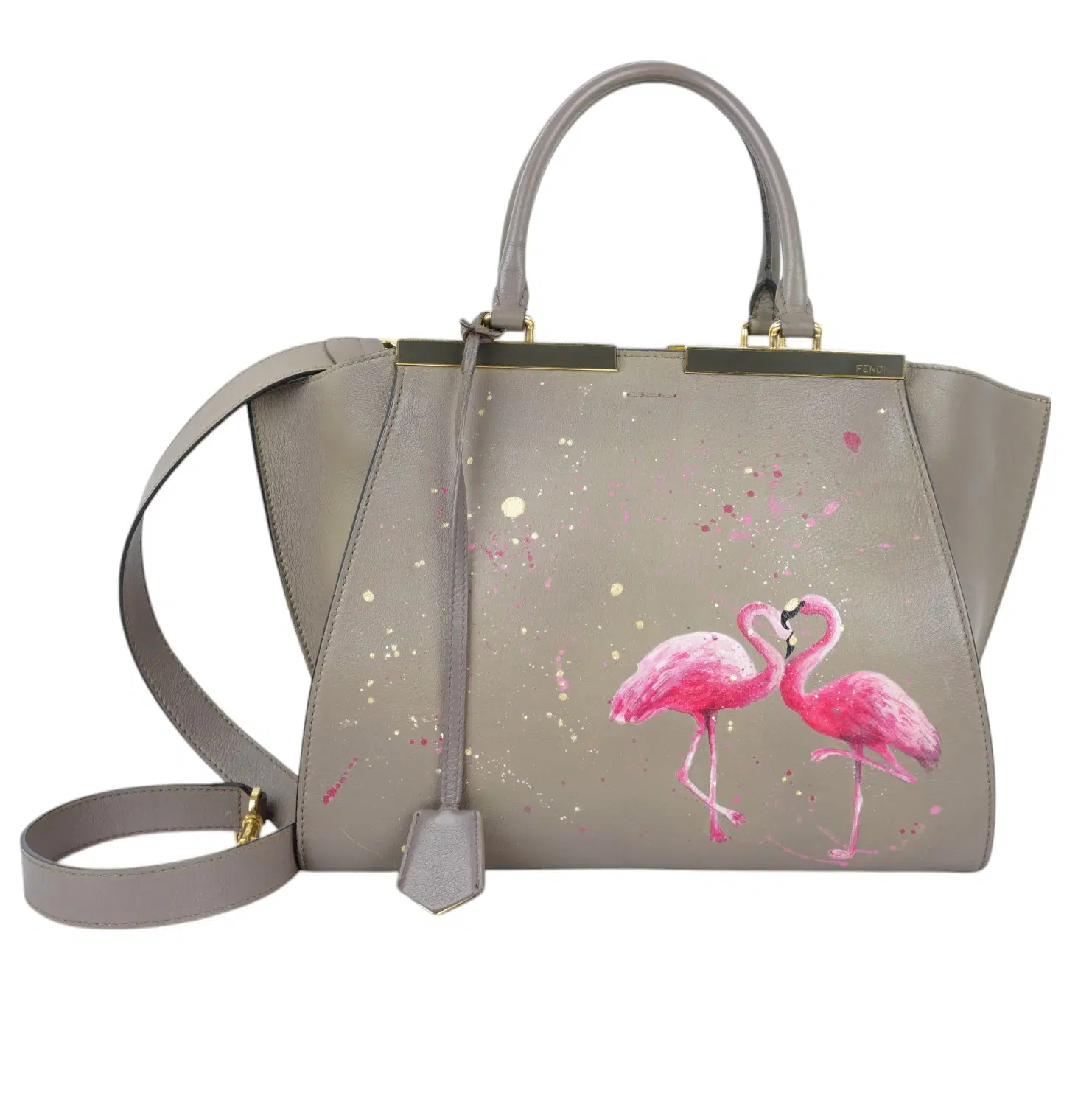Fendi Petite 3Jours Leather Shopper Grey Flamingo Print Bag