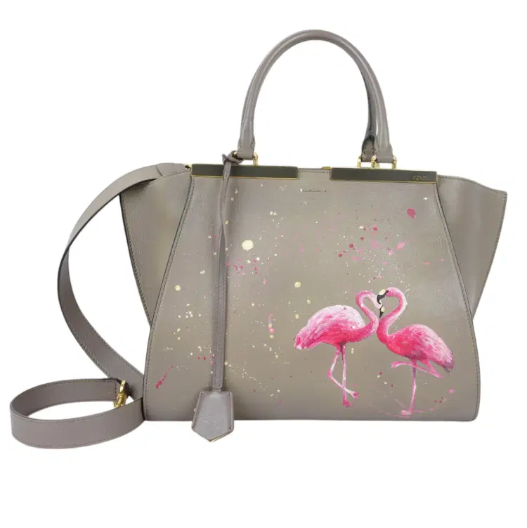 Fendi Petite 3Jours Leather Shopper Grey Flamingo Print Bag-Hover-Image