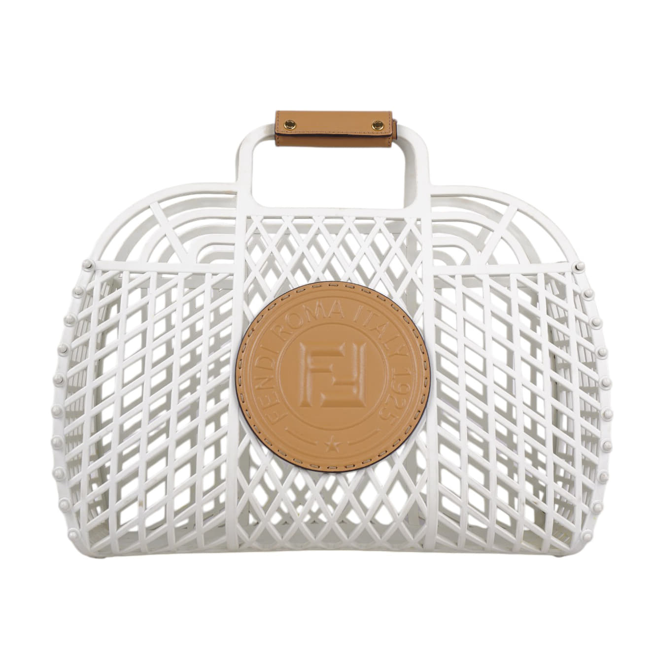 Fendi medium FF Logo Stamp Basket Tote Bag In White PVC