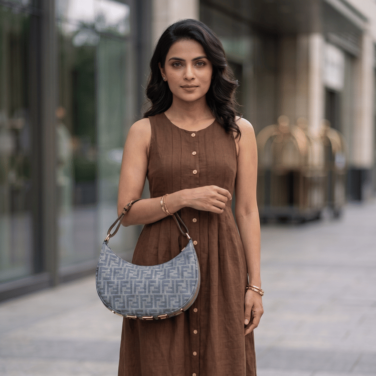 Fendi Fendigraphy Small Blue denim-effect FF jacquard Handbag-Hover-Image