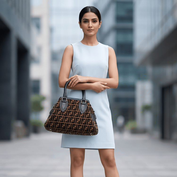 Fendi Black/Tobacco Velvet and Leather Medium Chef De Jour Bag-Hover-Image