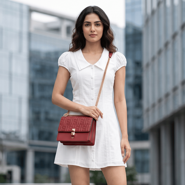 Fendi Red Leather Small Kan I Logo Embossed Shoulder Bag-Hover-Image