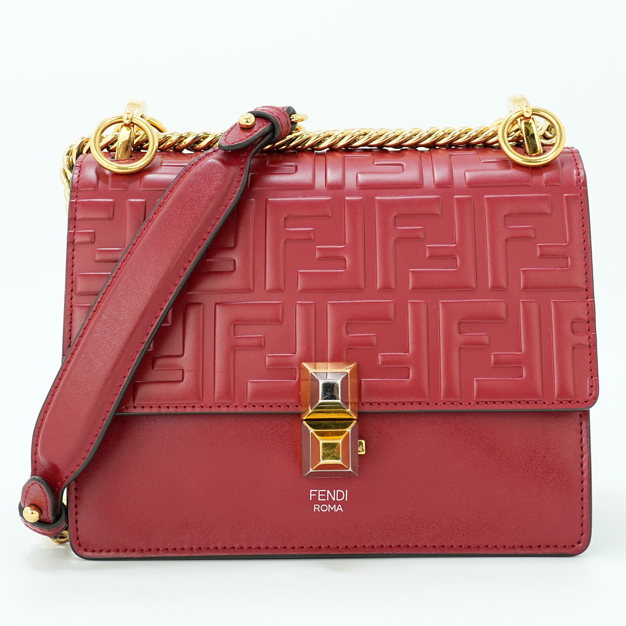 Fendi Red Leather Small Kan I Logo Embossed Shoulder Bag