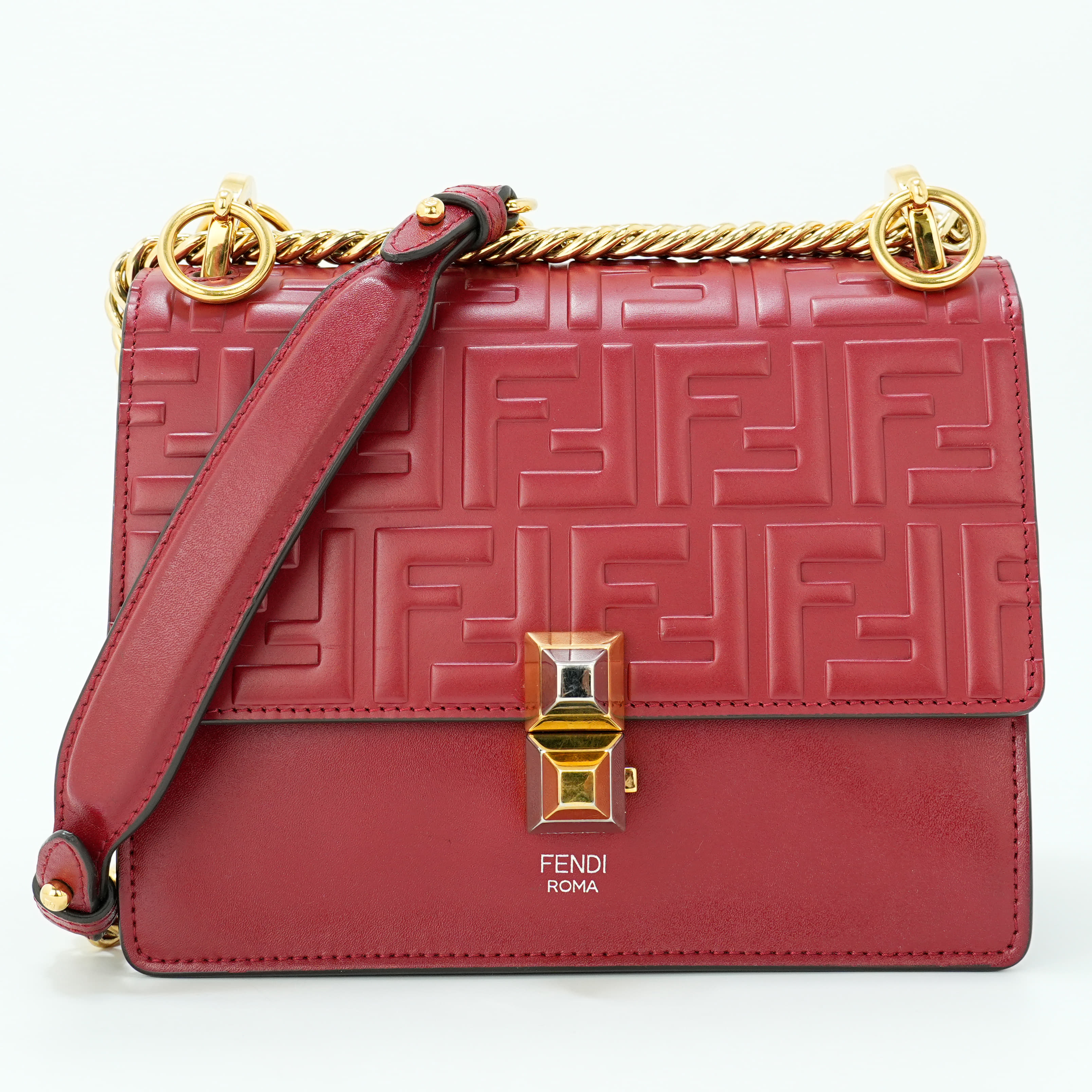 Fendi Red Leather Small Kan I Logo Embossed Shoulder Bag