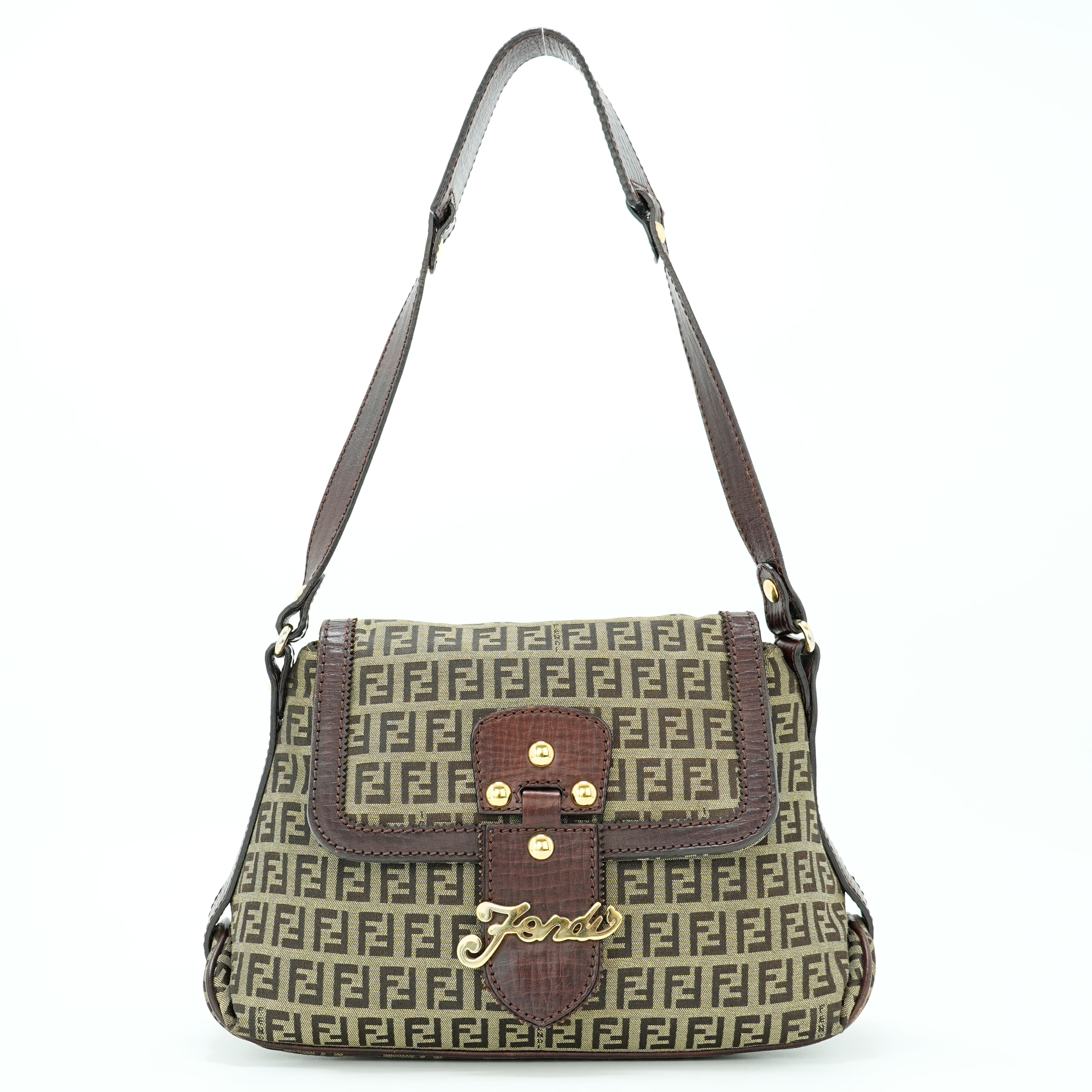 Fendi Brown Zucchino Logo Medium Front Flap Shoulder Bag