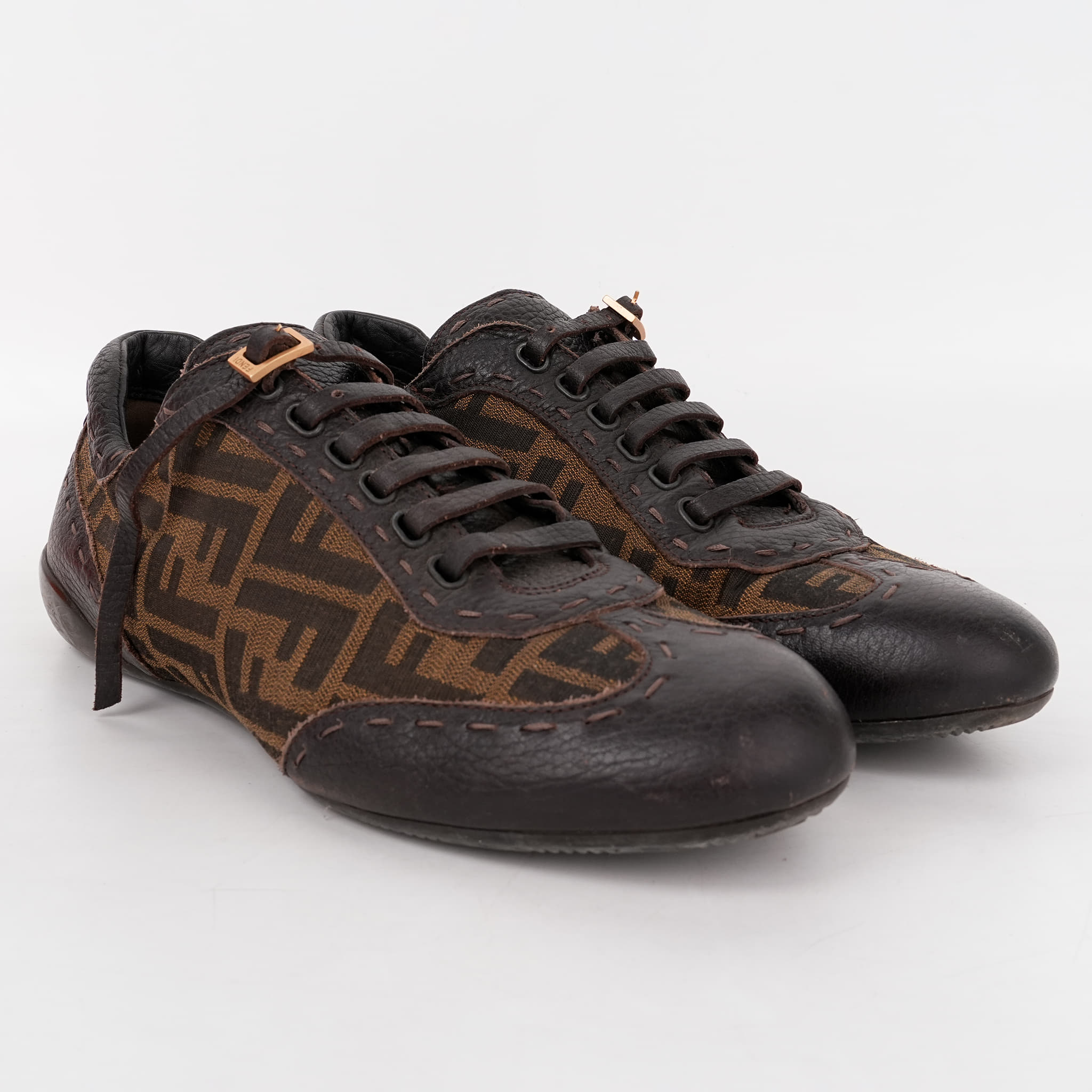 Size 8 - Fendi Brown Zucca Canvas And Leather Trim Low Top Sneakers