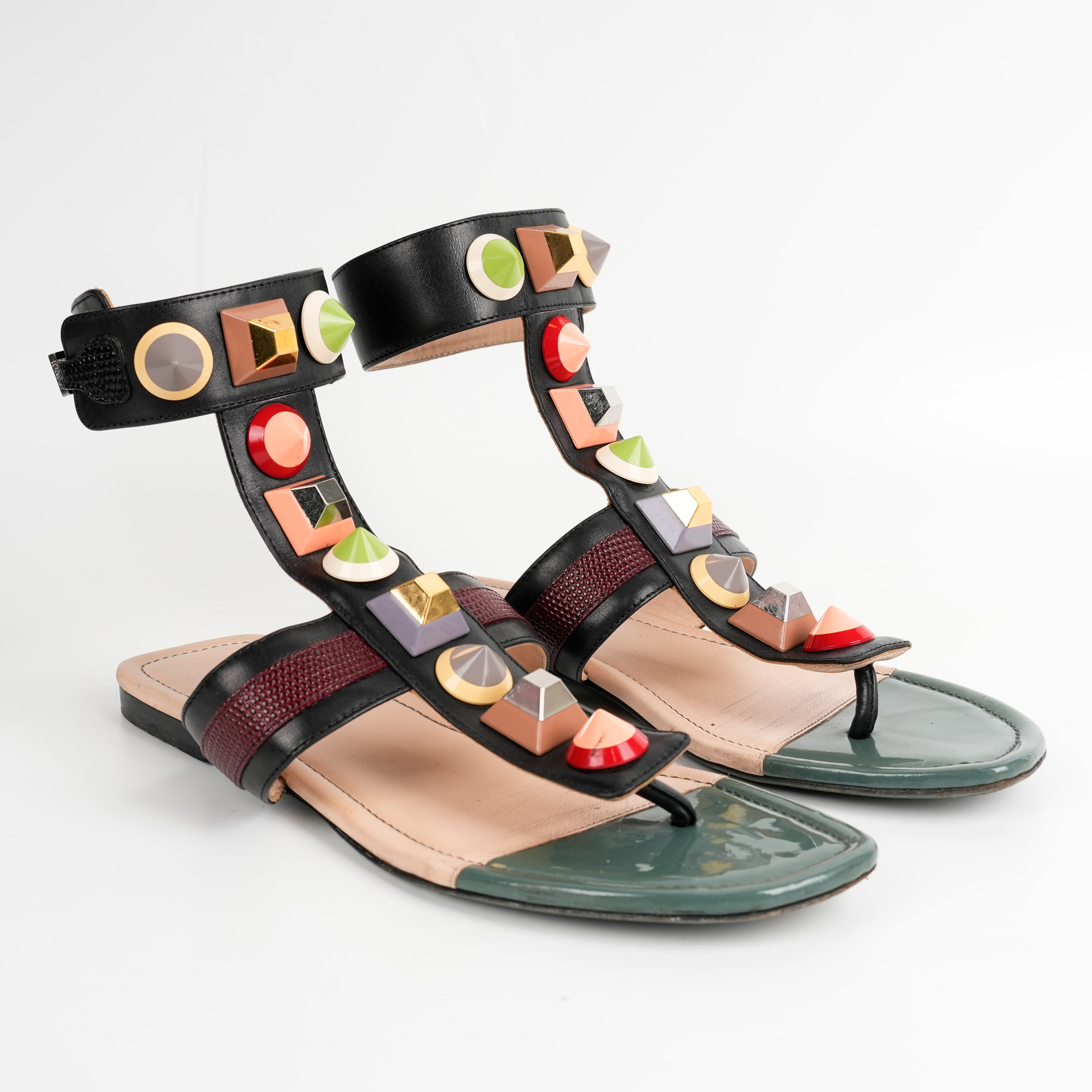 Size 36.5 - Fendi Multicolor Leather Studded Ankle Cuff Flat Sandals