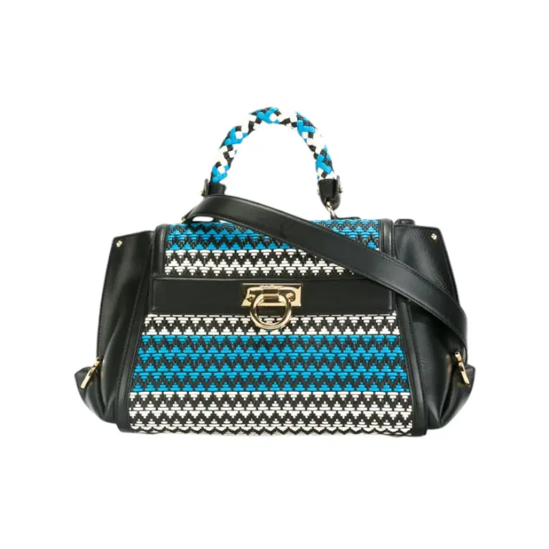 Salvatore Ferragamo Blue Leather Zig-Zag Embroidered Tote