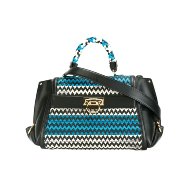 Salvatore Ferragamo Blue Leather Zig-Zag Embroidered Tote-Hover-Image