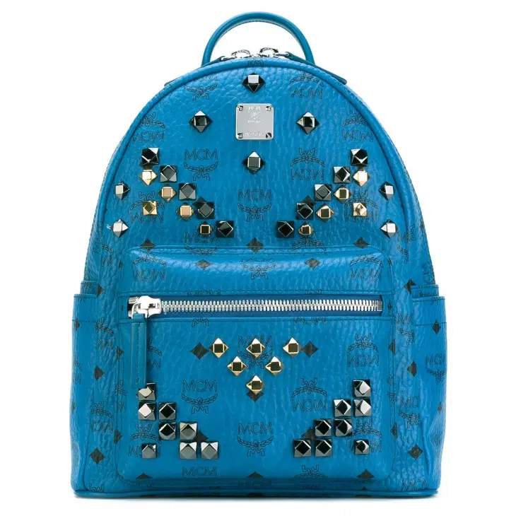 MCM Blue Leather Print Studded Backpack-Hover-Image