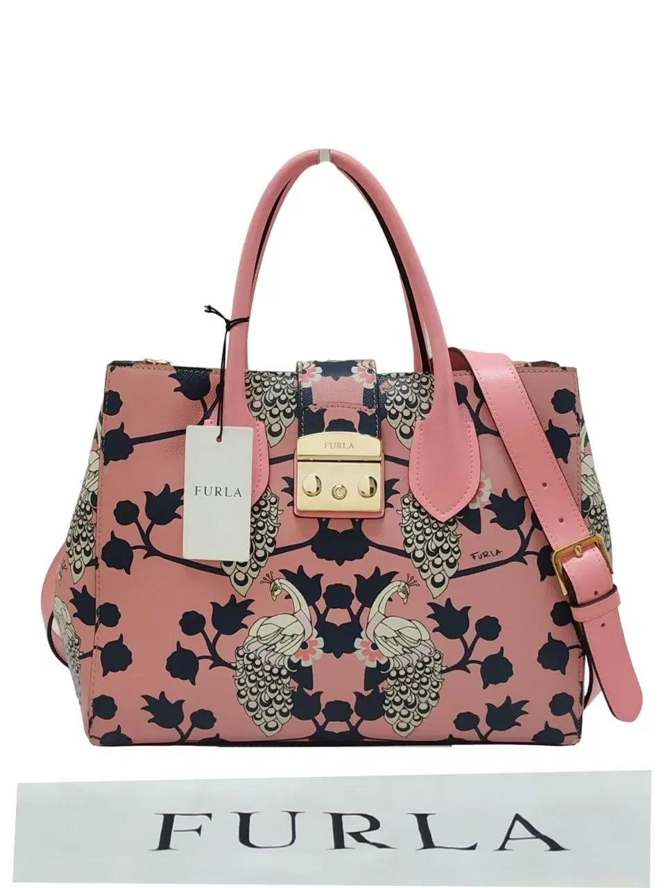 Furla Metropolis Pink Peacocks and Floral Print Handbag