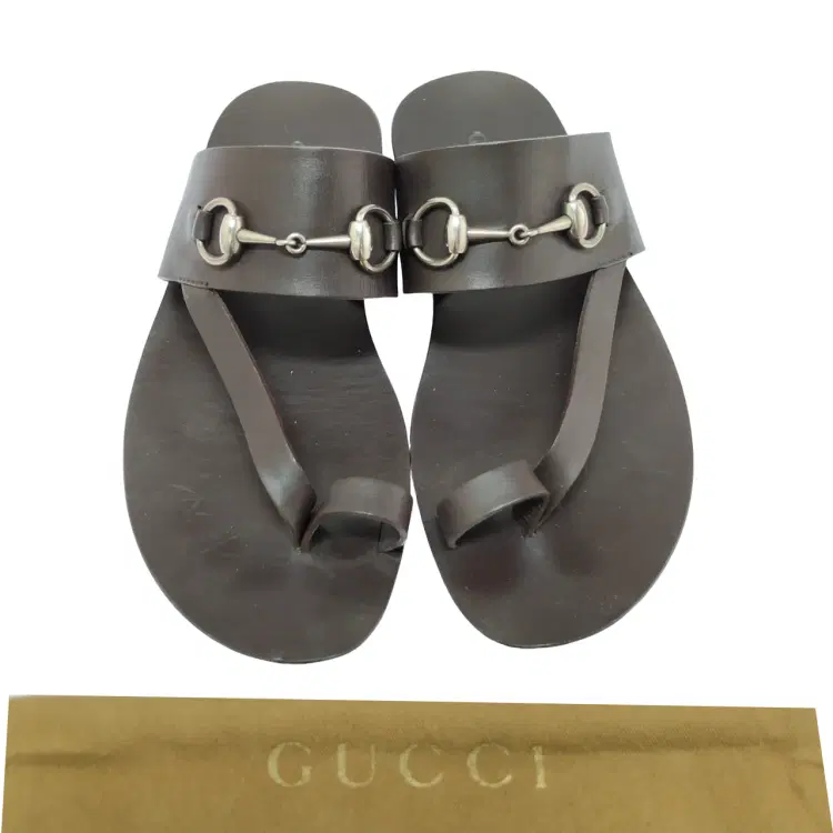 Size 6.5 - Gucci Brown Leather Silver Horsebit Toe Strap Sandals-Hover-Image