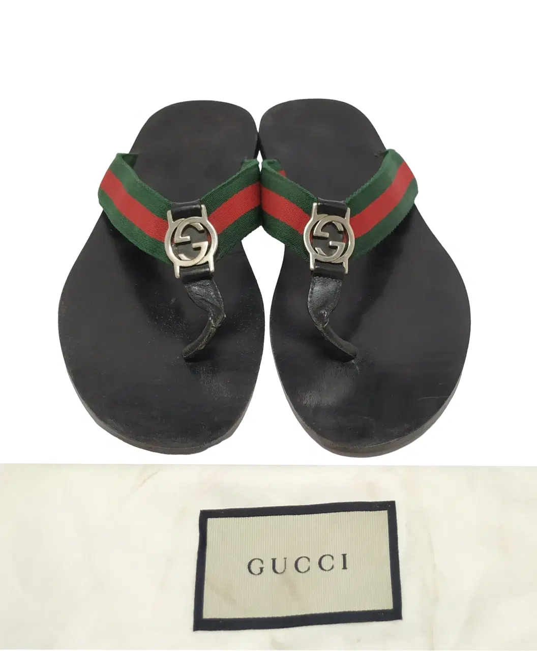 Gucci GG Web Strap Black Leather Thong Sandal