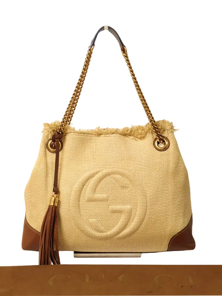 Gucci Raffia Soho Medium Chain Fringe Tassel Tote-Hover-Image