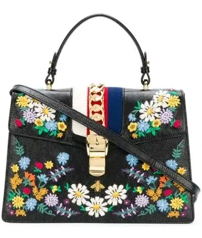 Gucci Black Smooth Calfskin Leather Floral Embroidered Medium Sylvie Top Handle Bag