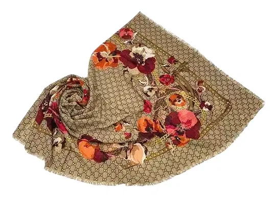 Gucci Beige GG Floral & Chain Print Wool Scarf