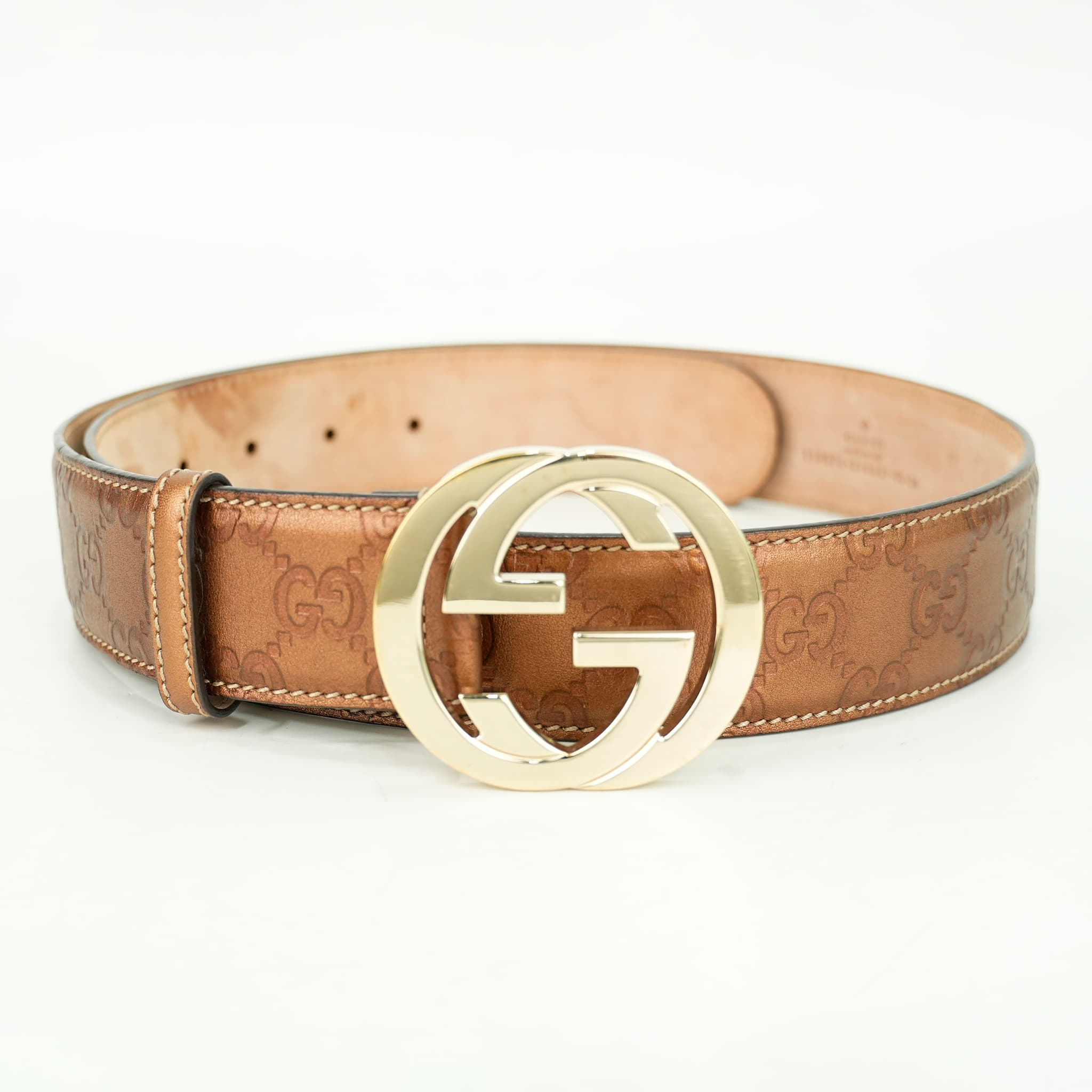 Gucci Interlocking GG Signature Leather Belt in Metallic Brown, Size 36