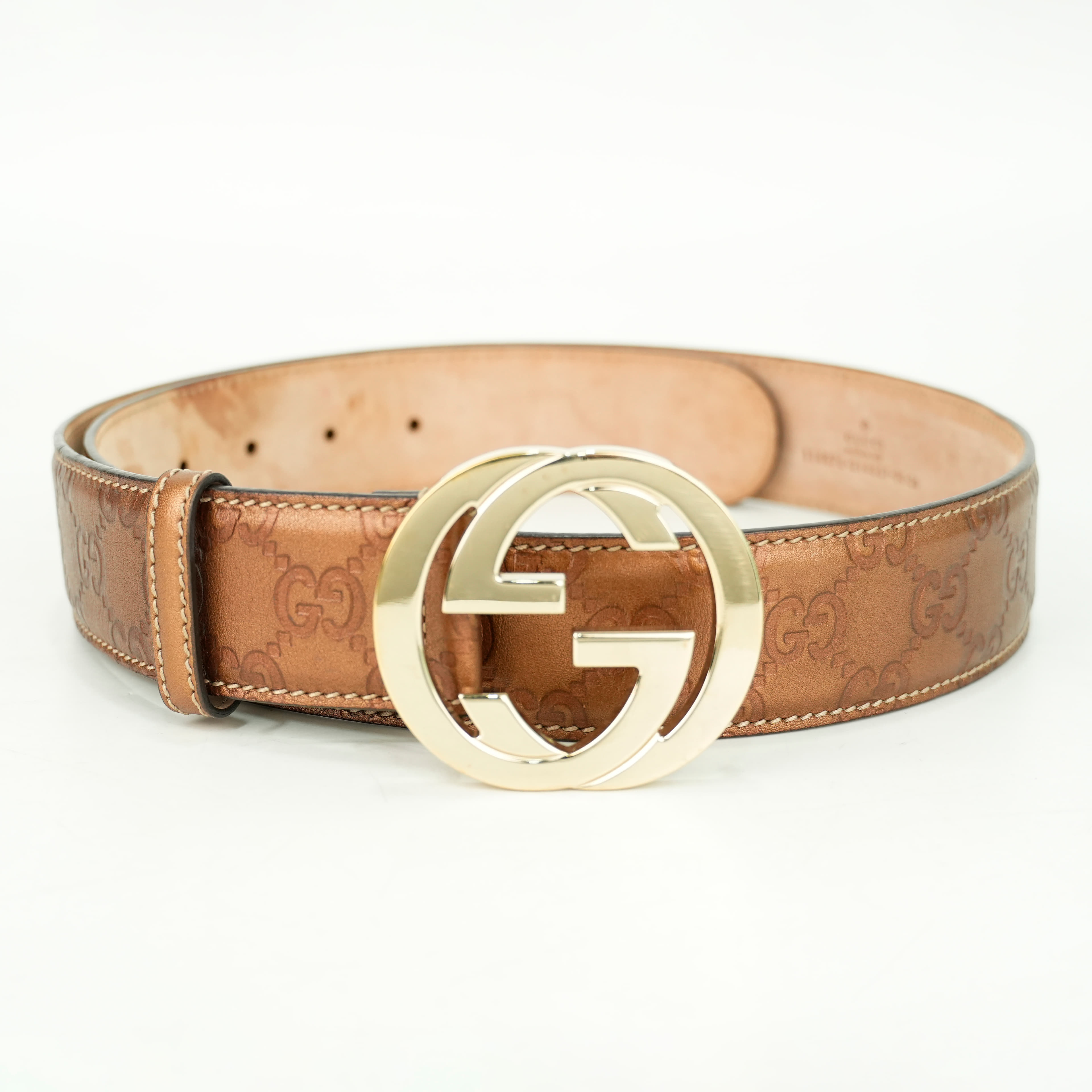Gucci Interlocking GG Signature Leather Belt in Metallic Brown, Size 36