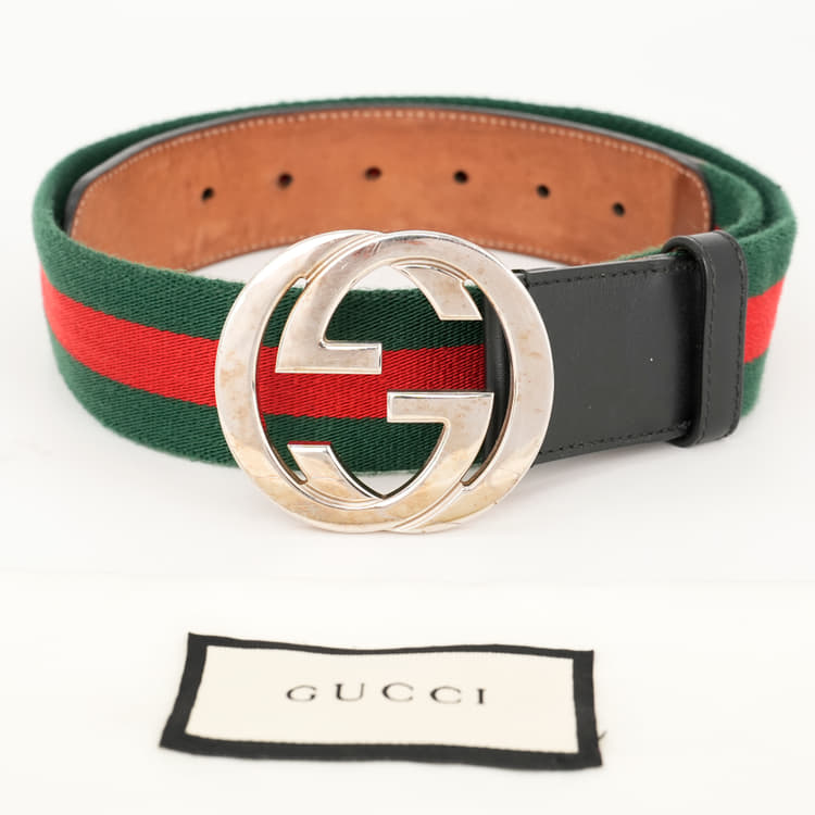 Gucci Red/Green Canvas and Leather Web Interlocking G Buckle Belt ,85Cm-Hover-Image