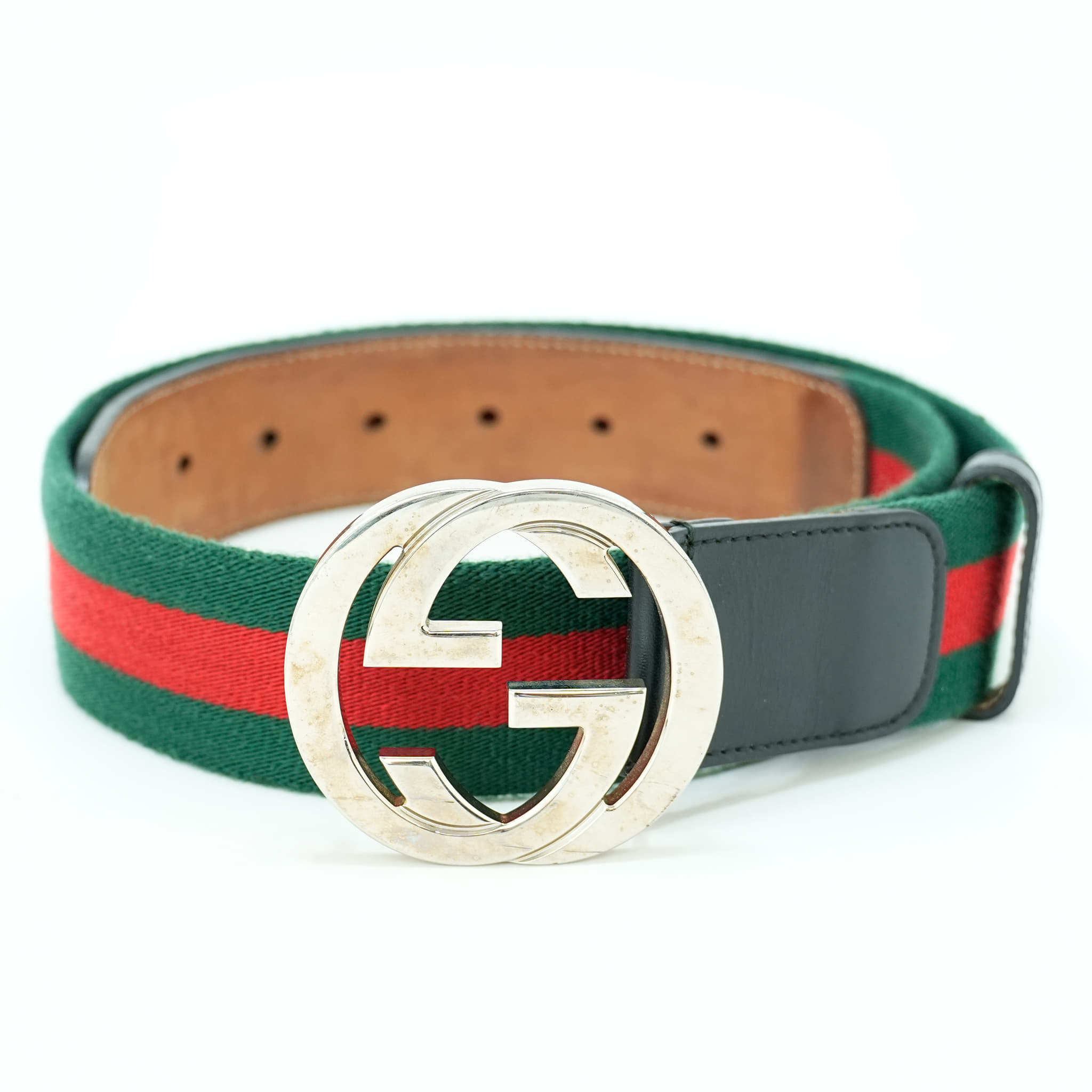 Gucci Red/Green Canvas and Leather Web Interlocking G Buckle Belt ,85Cm