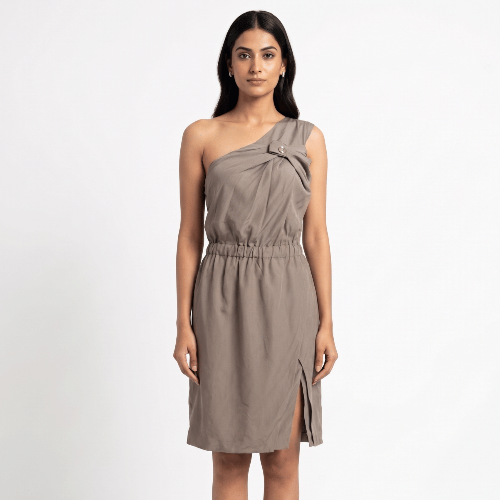 Gucci Taupe One-Shoulder Draped Dress