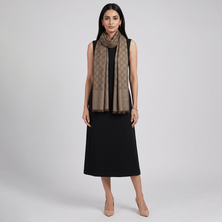Gucci Brown/Beige Wool and Silk GG Shawl Scarf-Hover-Image