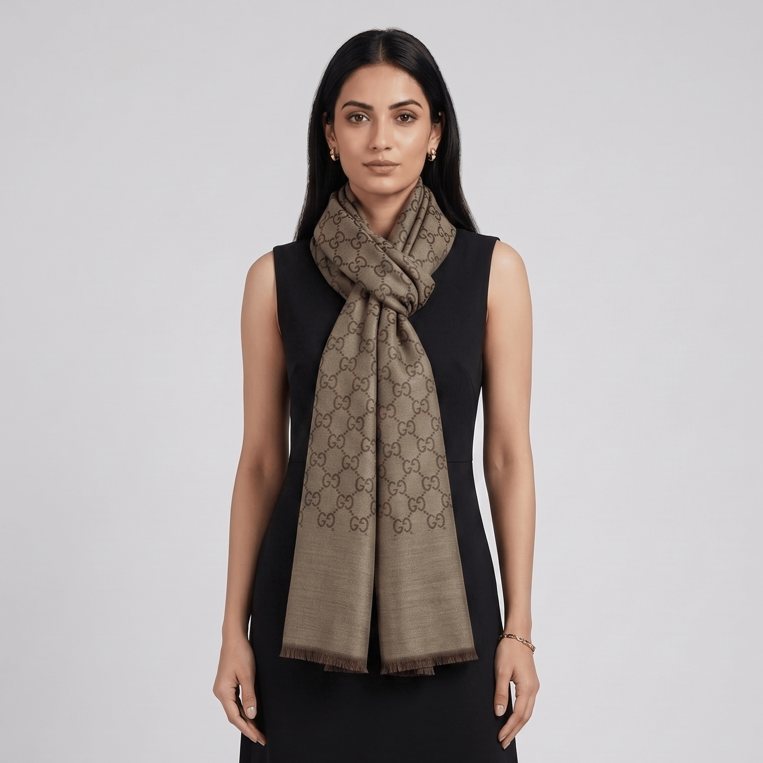 Gucci Brown/Beige Wool and Silk GG Shawl Scarf
