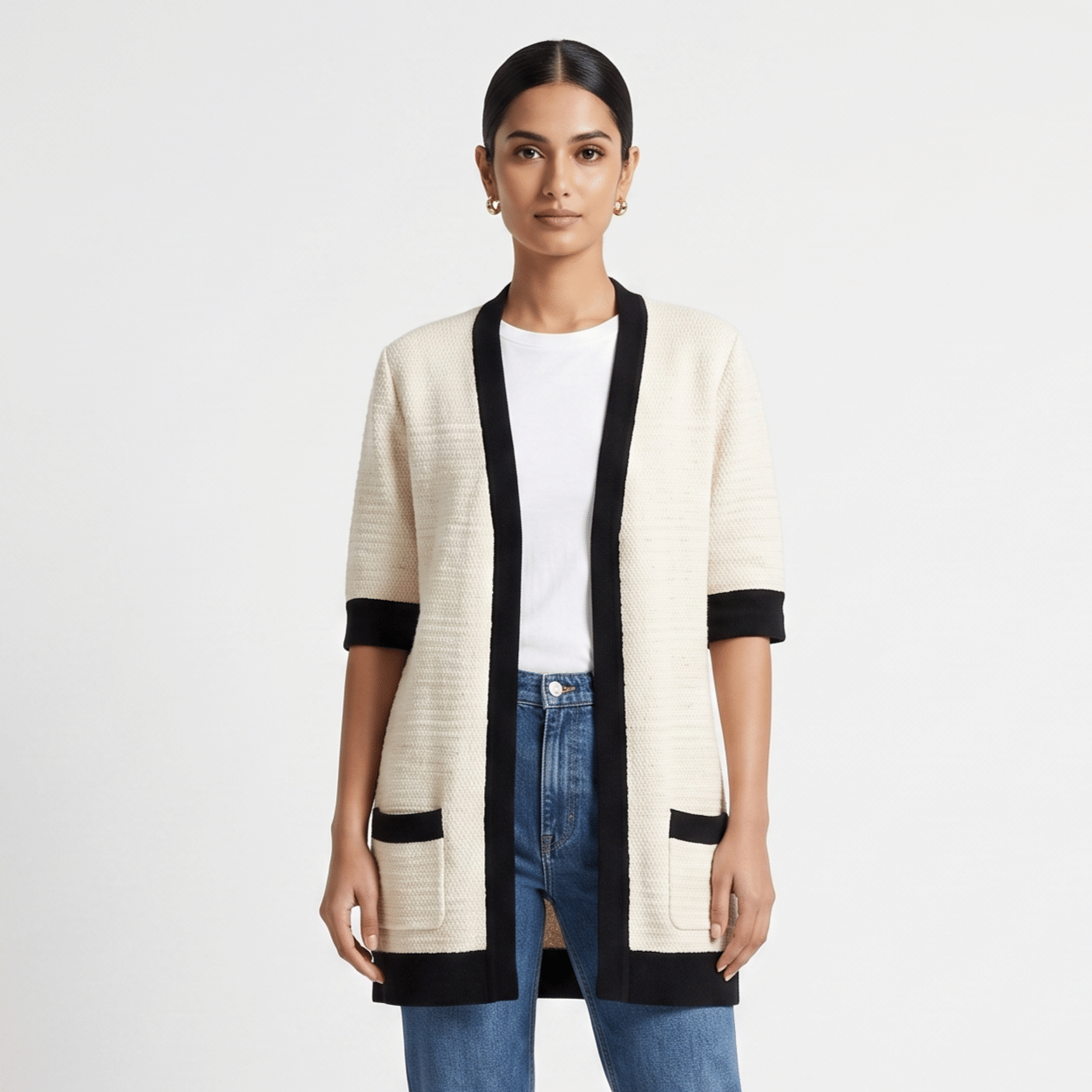 Size L - Gucci Cream Wool & Cotton Knit Open Front Cardigan